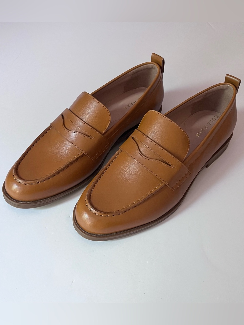 Cole Haan Stassi British Tan Leather Penny Loafers 8C Wide
